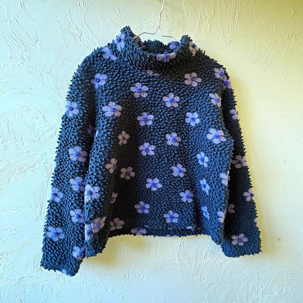 Dakini Womens S Blue Purple Floral Textured Knit Mock Neck Pullover Sweater